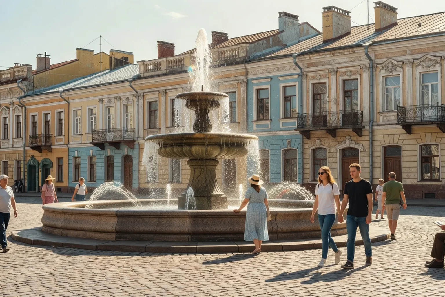 Place centrale d'une ville de province russe avec fontaine et promeneurs