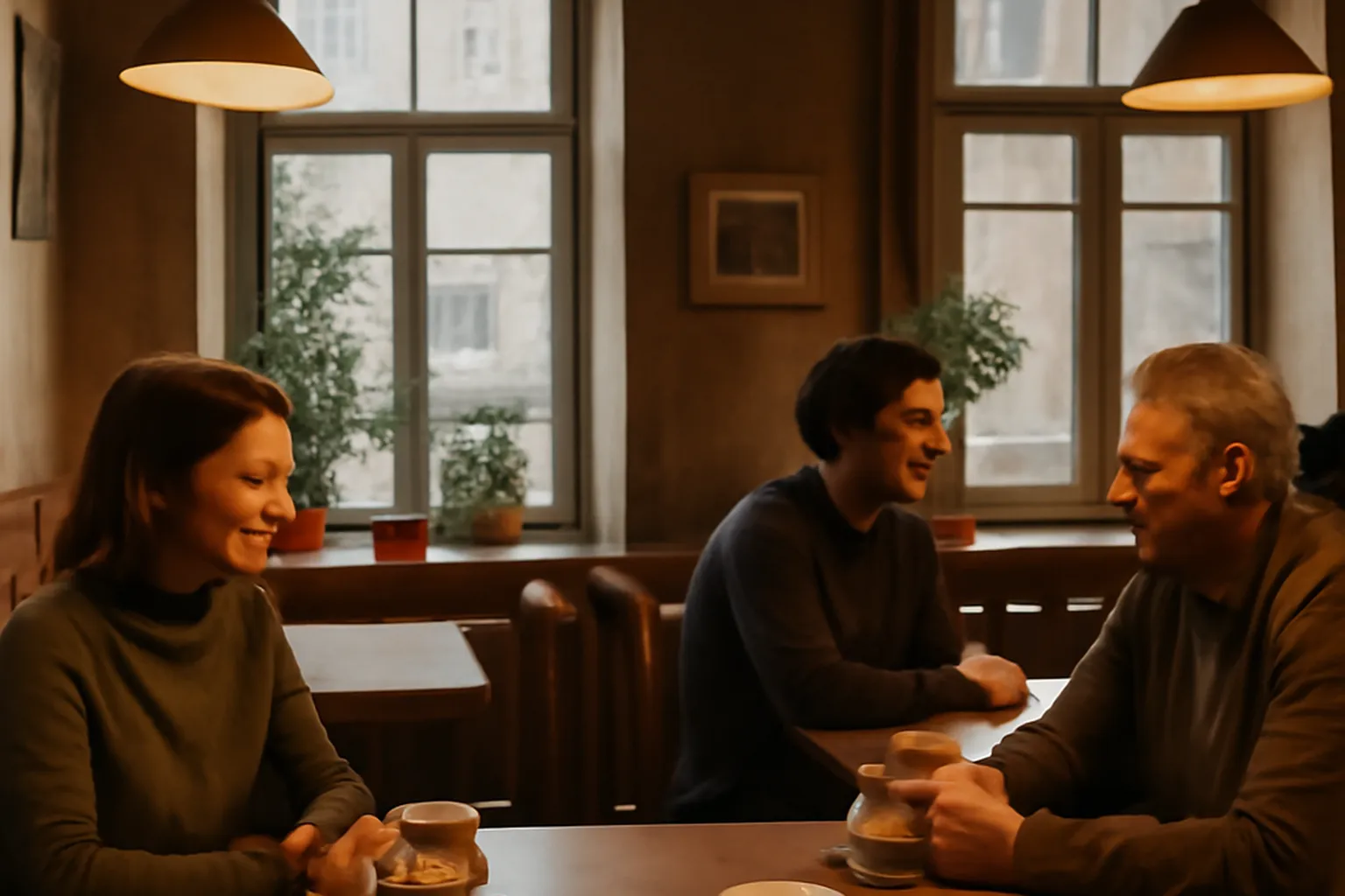 Cafe convivial dans une ville de province russe, clients en pleine conversation