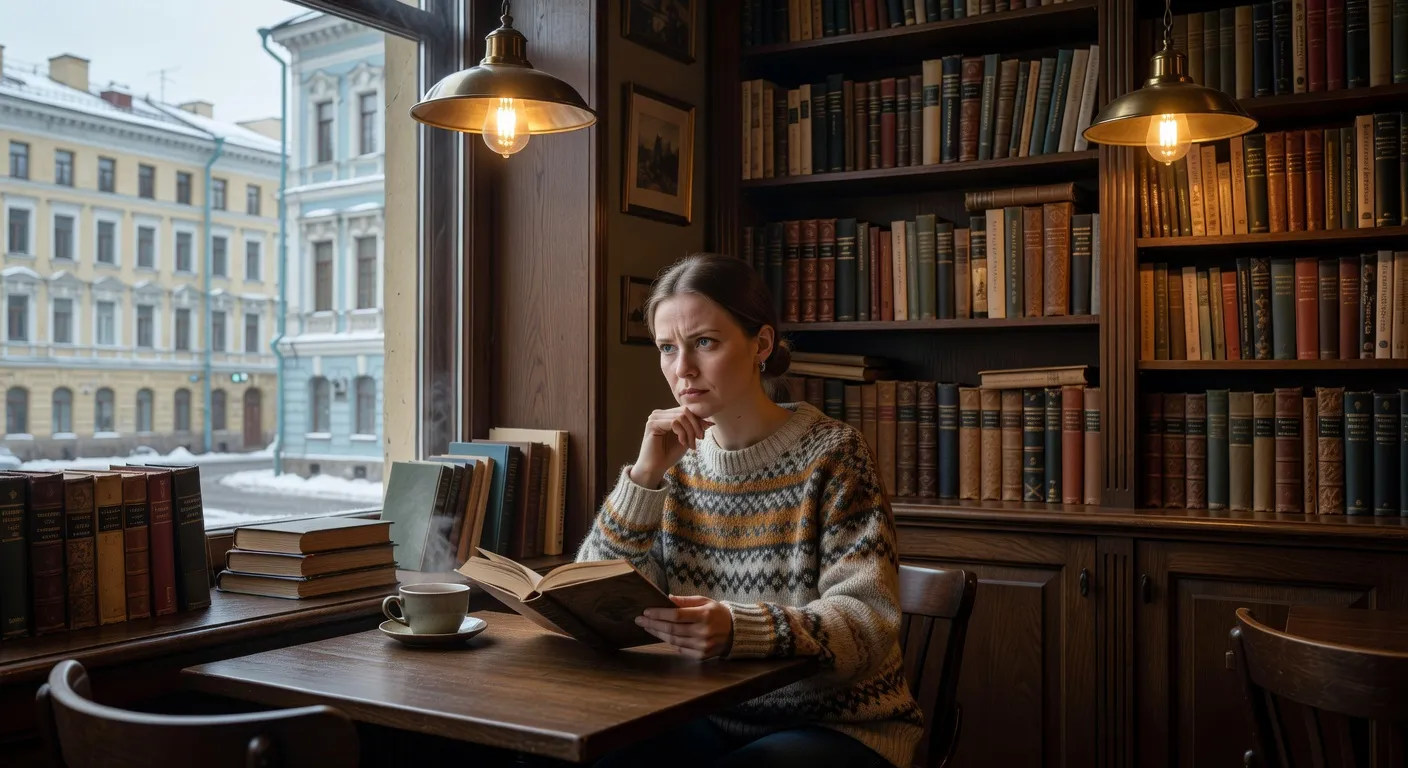 Femme russe lisant un livre dans un cafe de Saint-Petersbourg — mythes et realites des rencontres