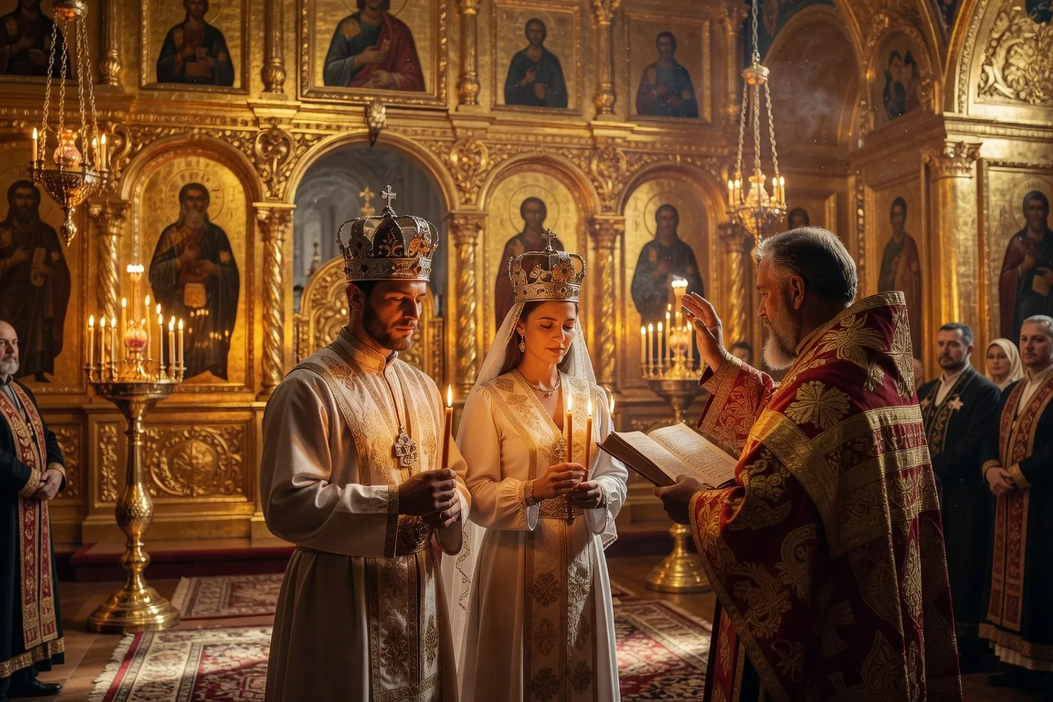 Cérémonie de mariage russe orthodoxe avec couronnes rituelles, cierges et intérieur d’église dorée