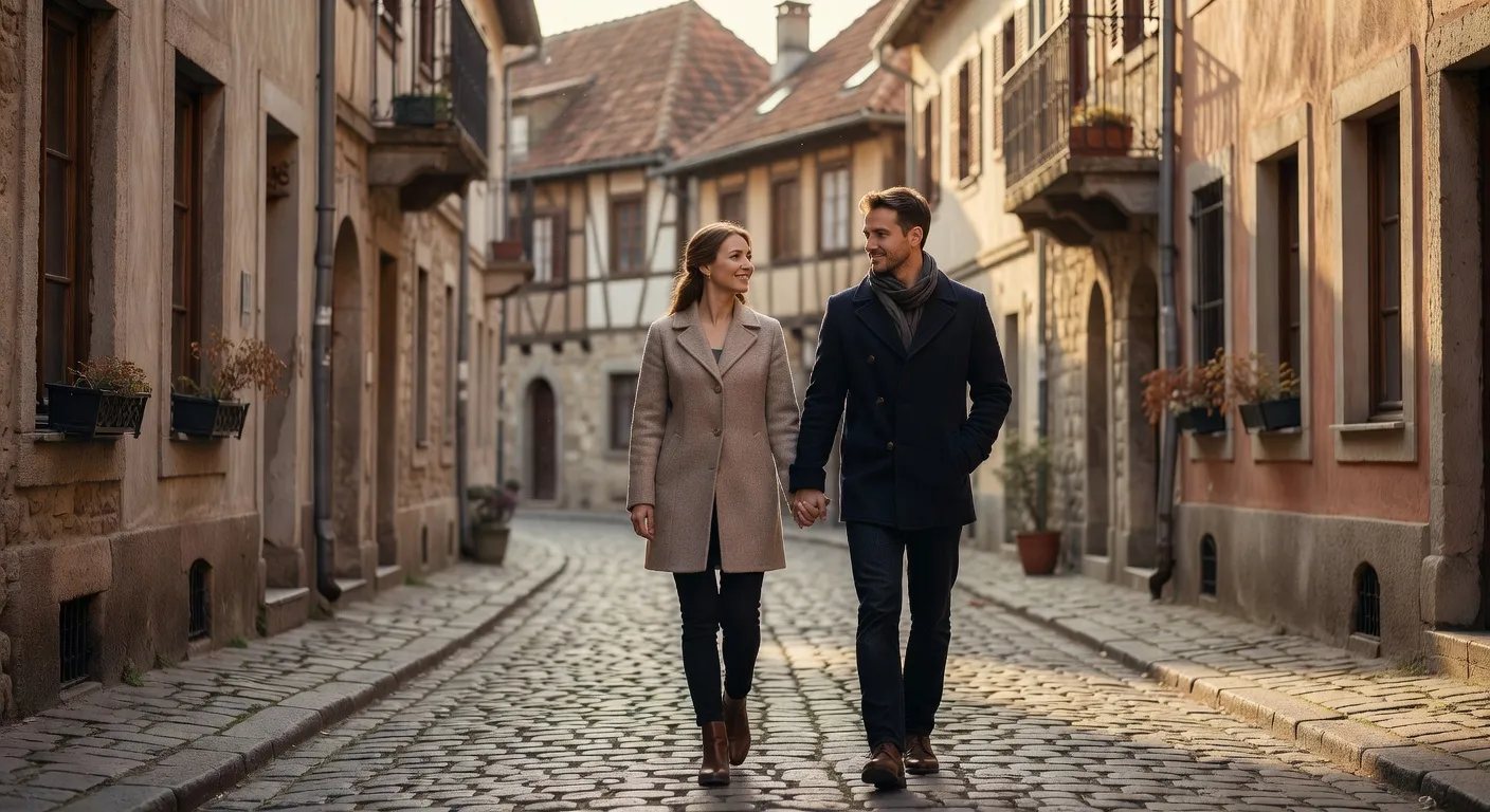 Couple mixte europeen se promenant main dans la main dans une vieille ville europeenne