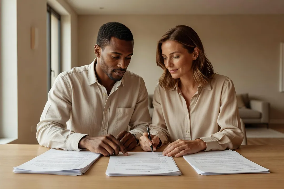 Couple mixte consultant ensemble des documents administratifs sur une table