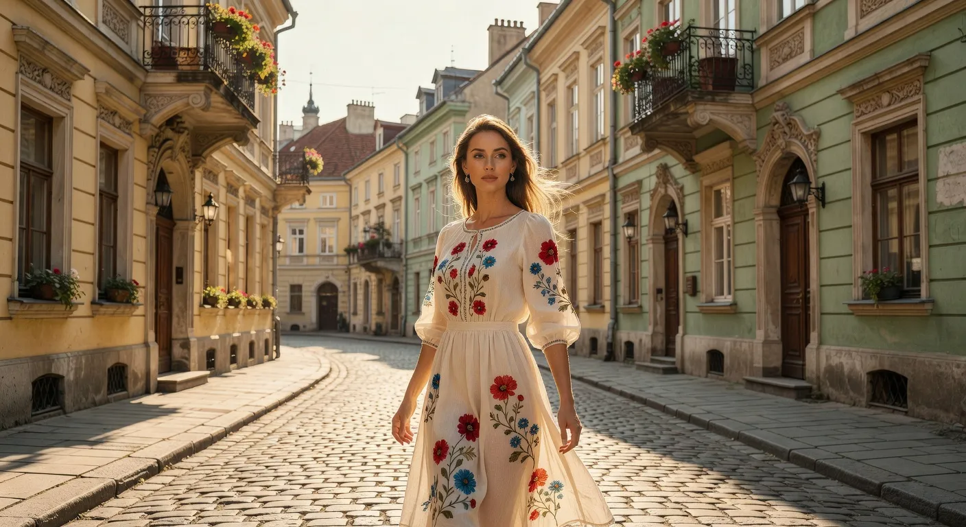 Femme ukrainienne dans une rue de Lviv avec architecture austro-hongroise en arriere-plan