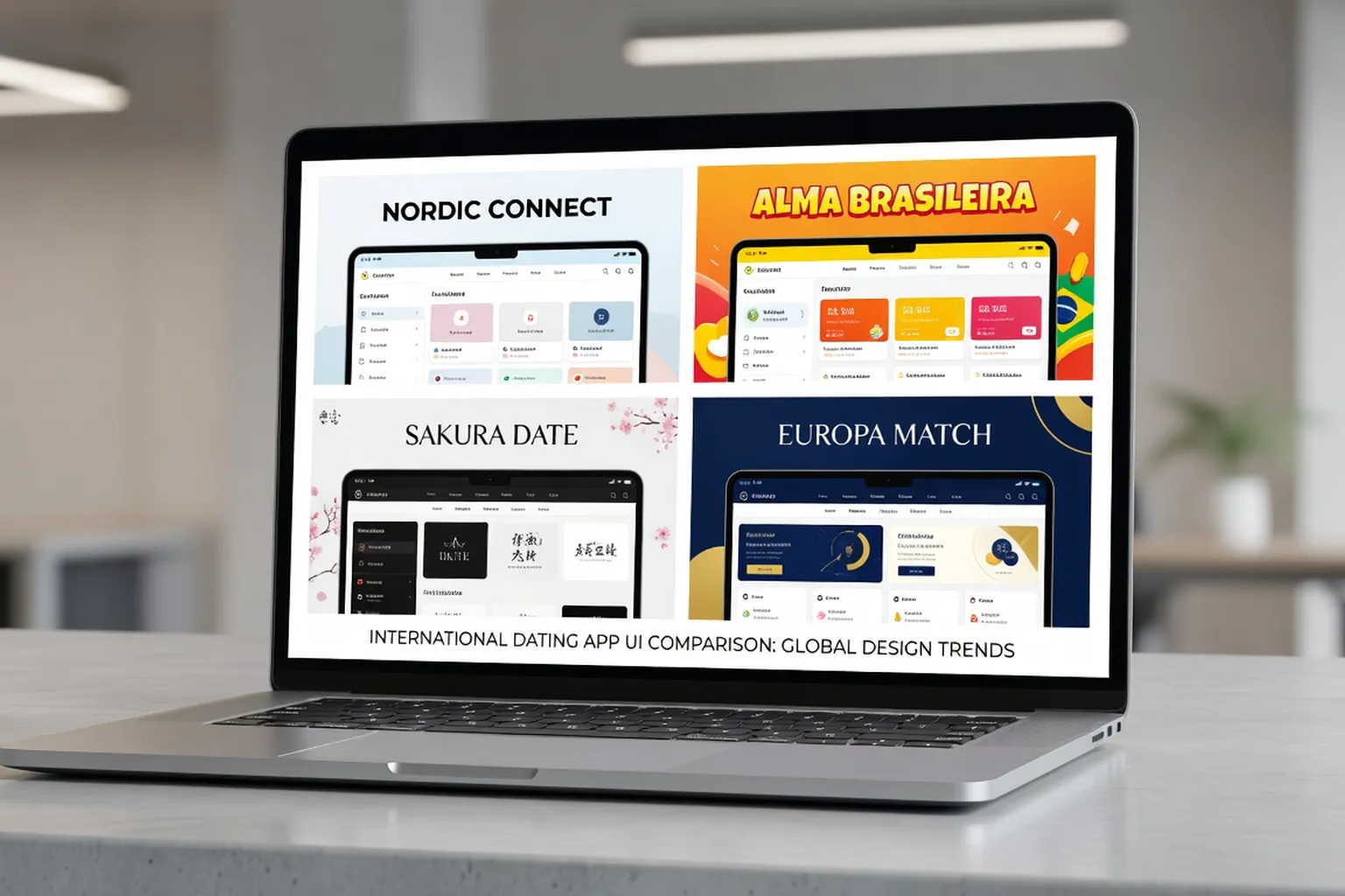 Comparaison visuelle de 4 interfaces d’applications de rencontre internationale sur laptop