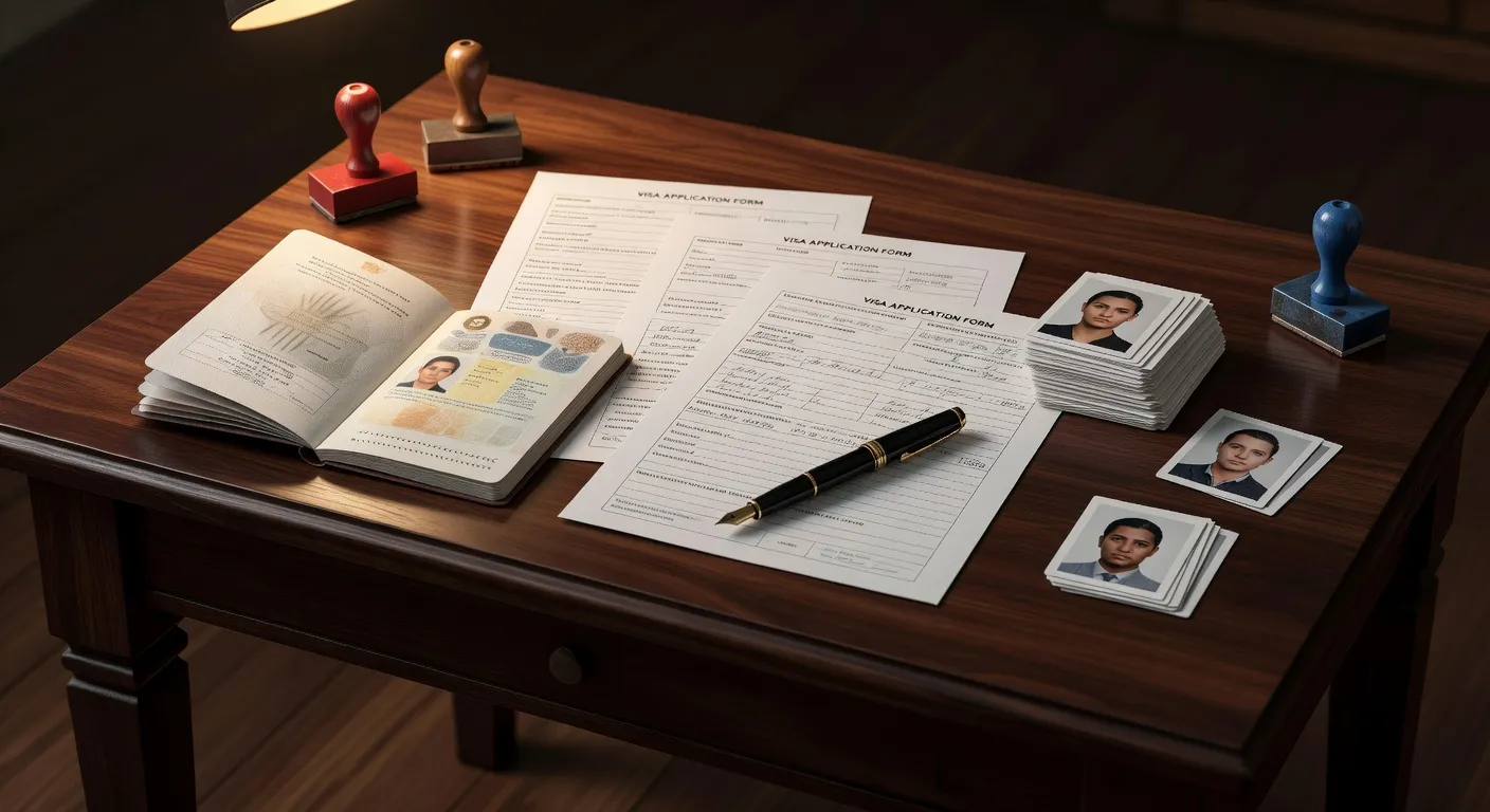 Documents administratifs pour un visa Schengen disposes sur un bureau