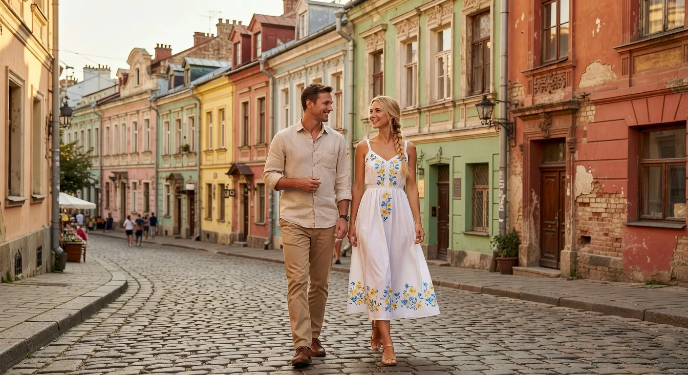 Descente Saint-Andre a Kiev avec batiments colores et couple se promenant en ete