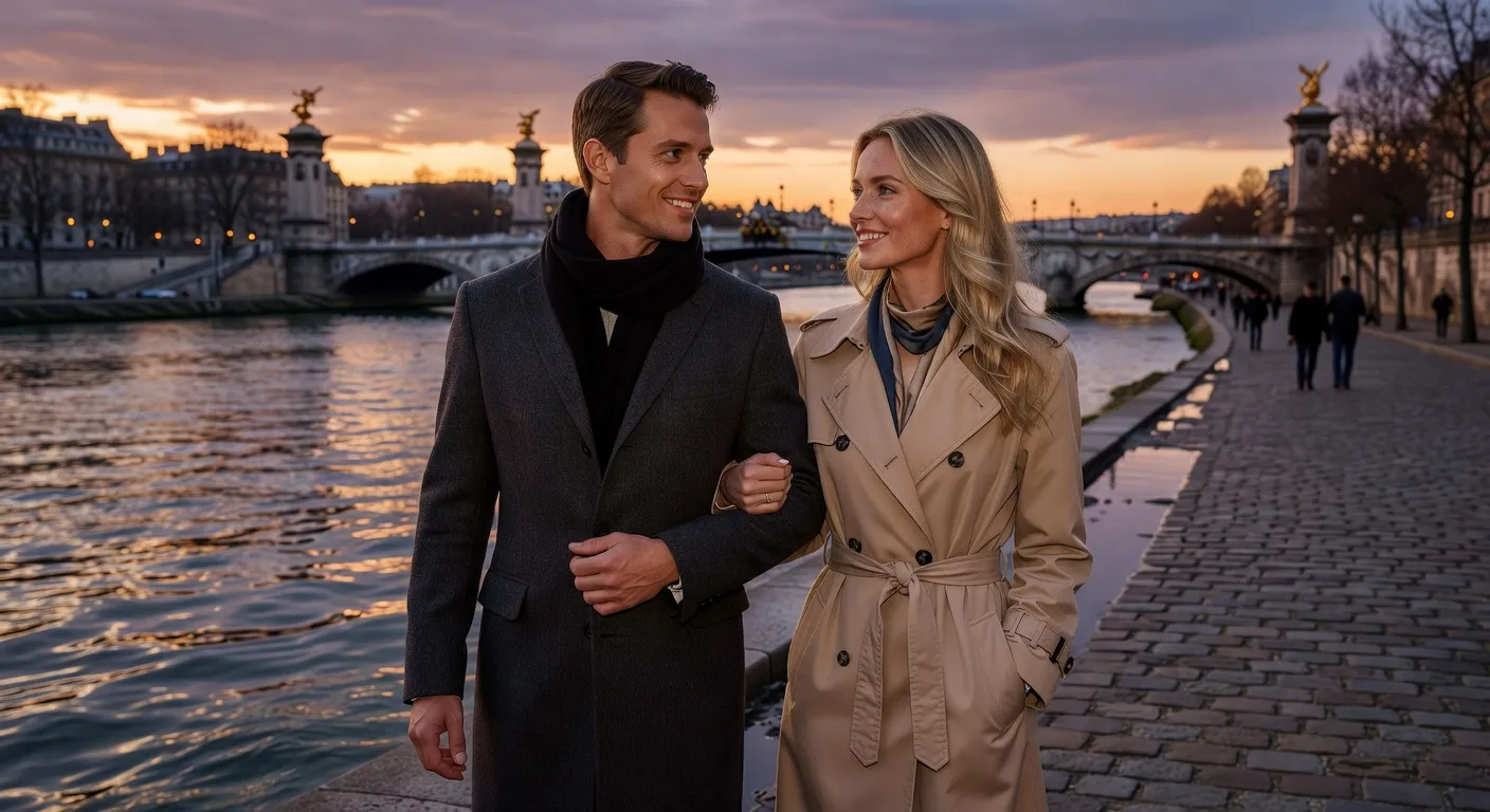 Promenade romantique d'un couple franco-russe au bord de la Seine — Apprendre le russe pour les rencontres : bases essentielles