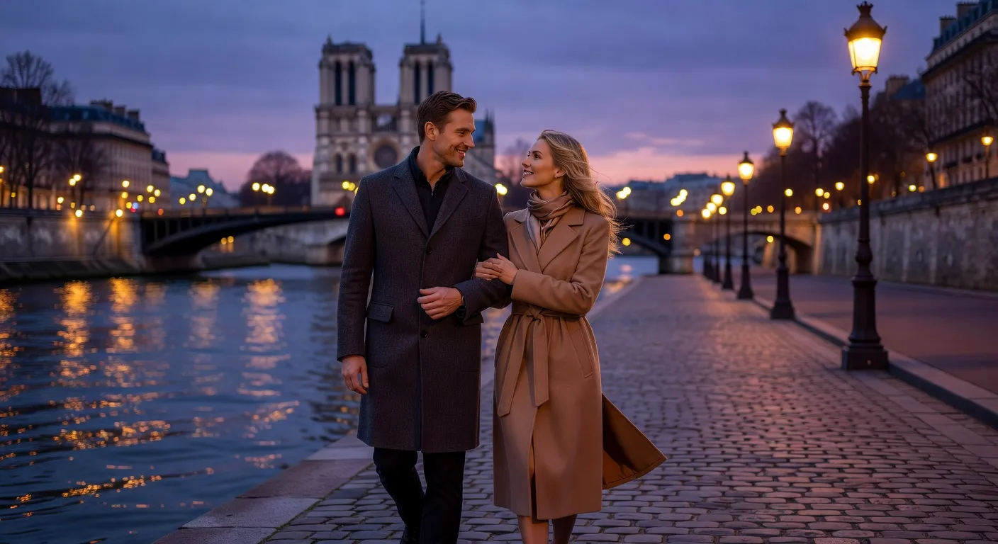 Promenade romantique d'un couple franco-russe au bord de la Seine — Combien coûte une rencontre avec une femme russe ? Les vrais