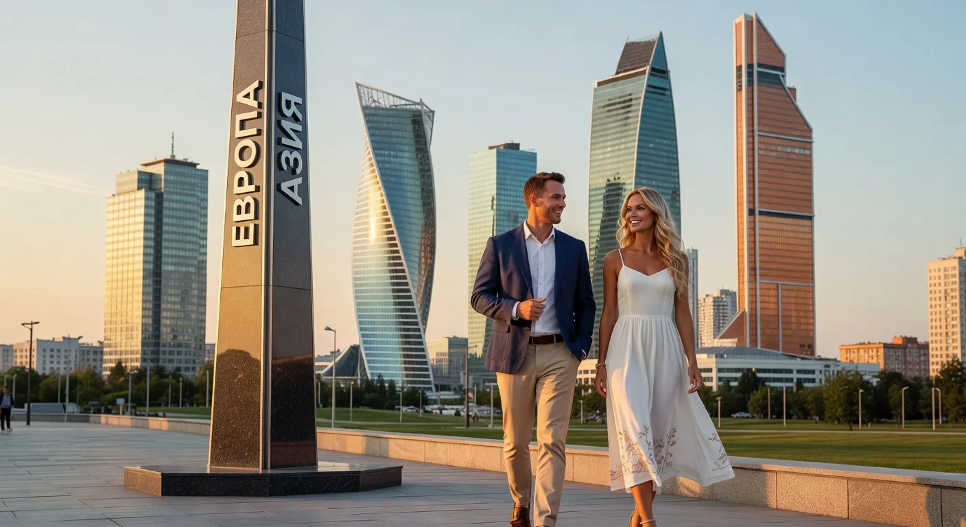 Skyline moderne d Ekaterinbourg avec couple se promenant pres du monument Europe-Asie
