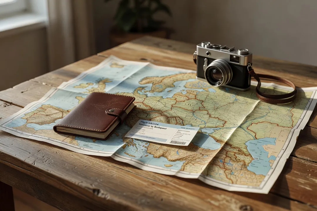 Documents de voyage, carte d’Europe de l’Est et appareil photo sur une table