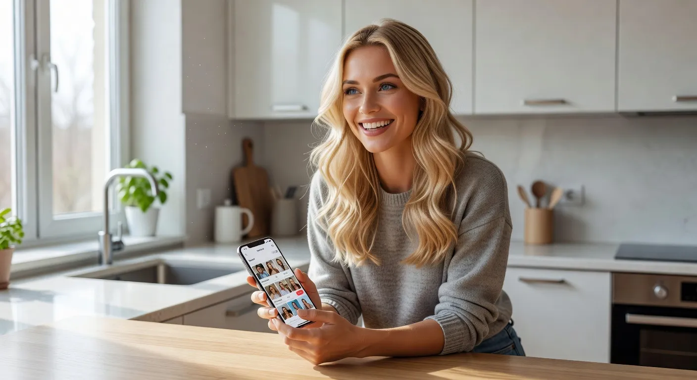 Femme slave souriante utilisant une application de rencontre sur son telephone