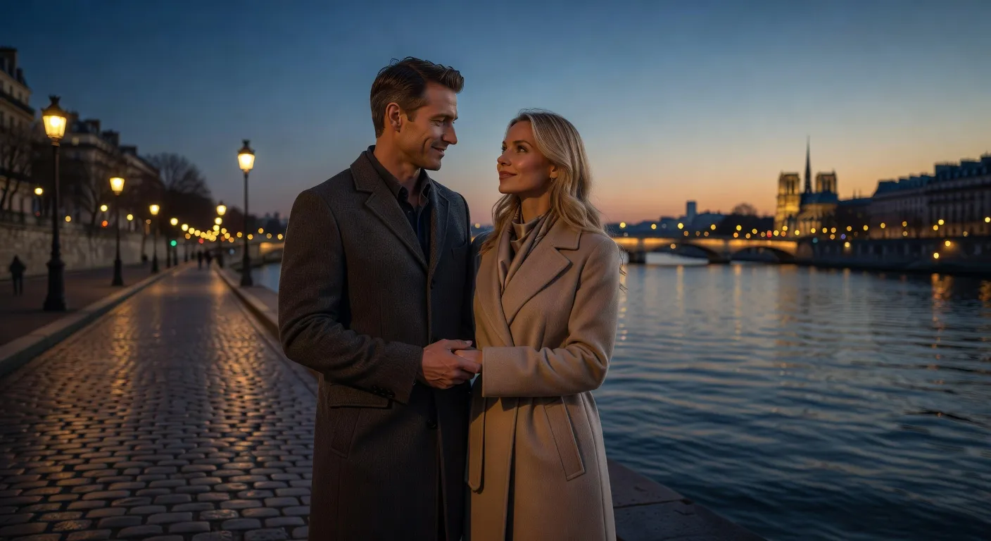 Promenade romantique d'un couple franco-russe au bord de la Seine — Rencontrer une femme russe en France en 2026 : guide complet