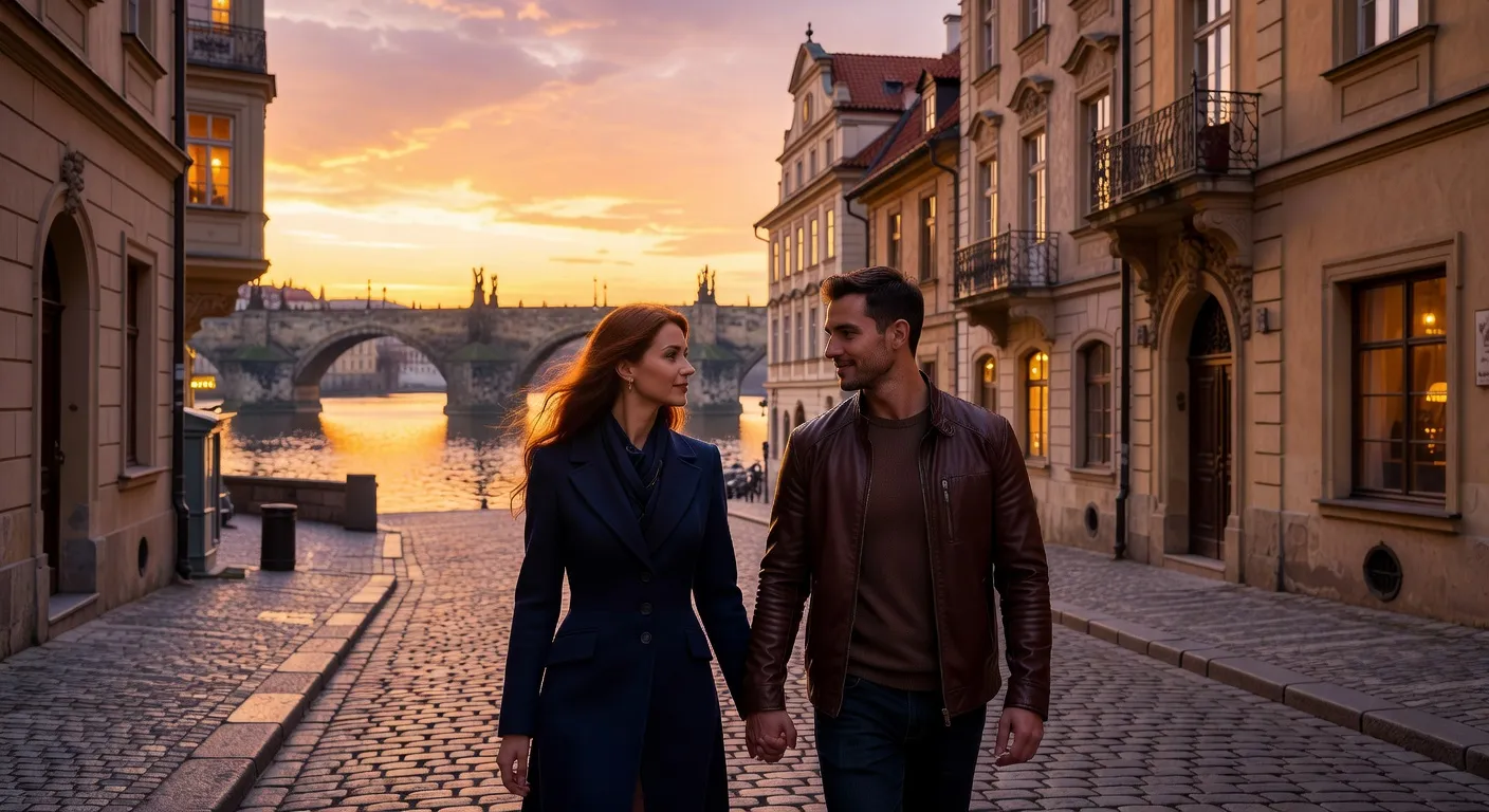 Couple se promenant dans le vieux centre-ville de Prague au coucher du soleil