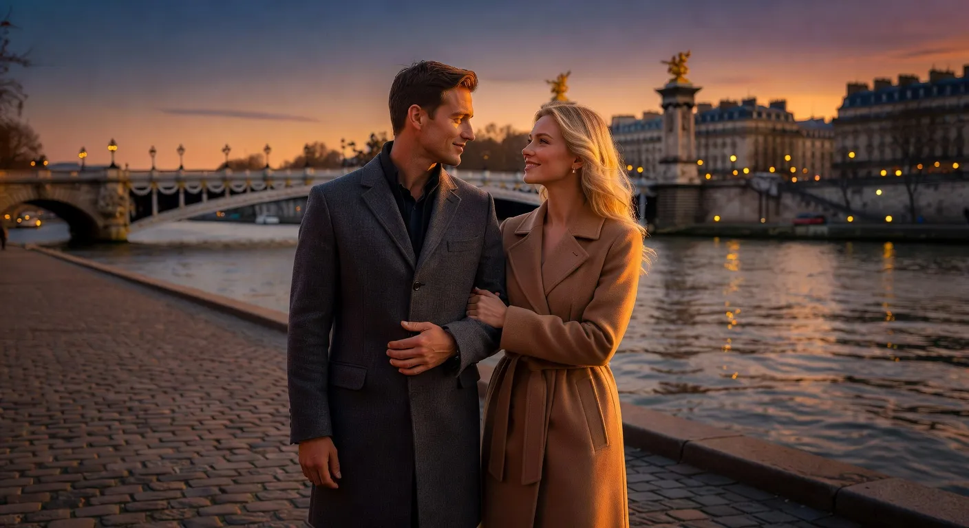 Promenade romantique d'un couple franco-russe au bord de la Seine — Sites de rencontre femme russe : comparatif des plateformes 