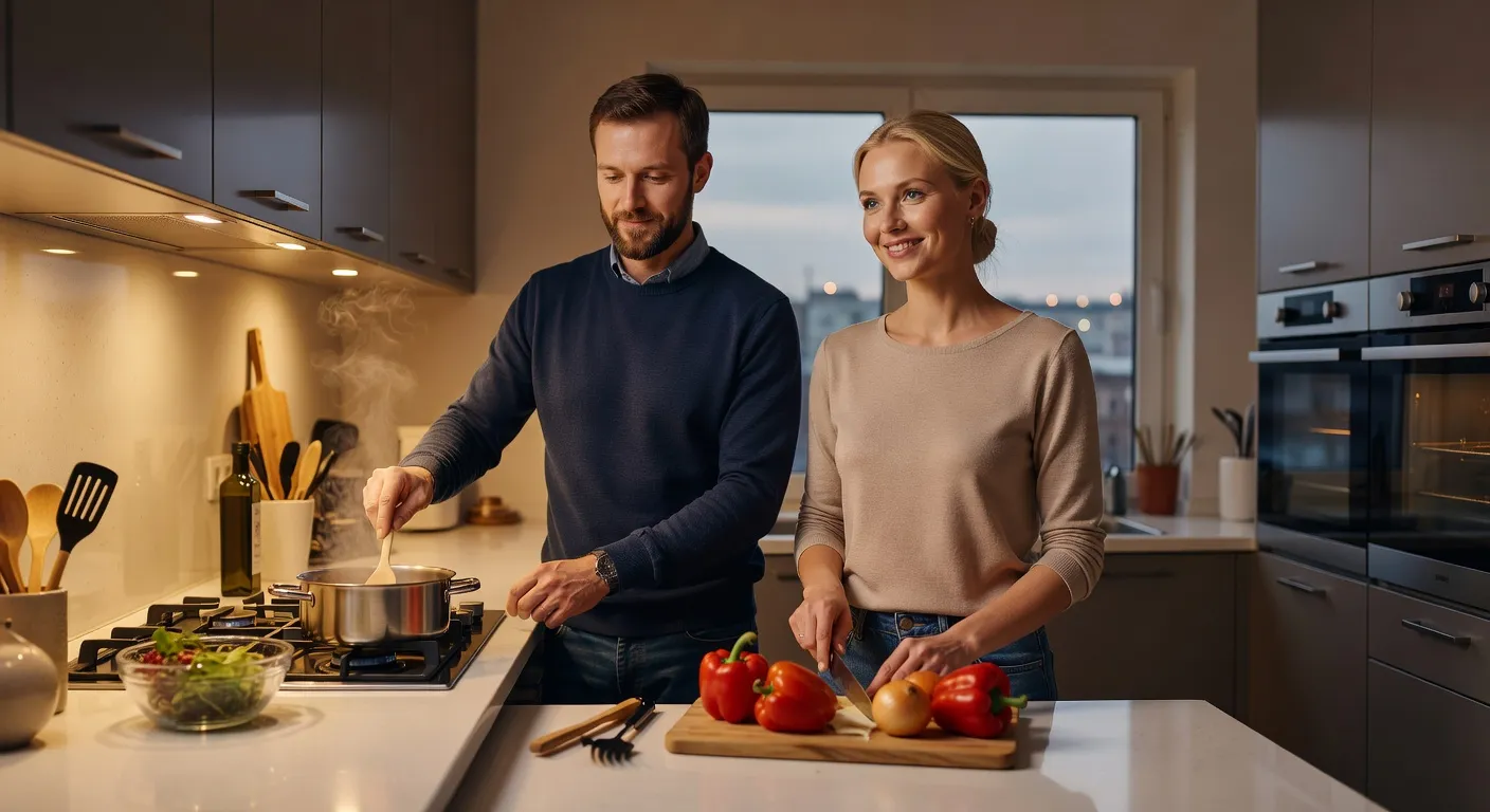 Couple franco-russe cuisinant ensemble dans une cuisine moderne — Une femme russe coute-t-elle vraiment cher ? Analyse complet