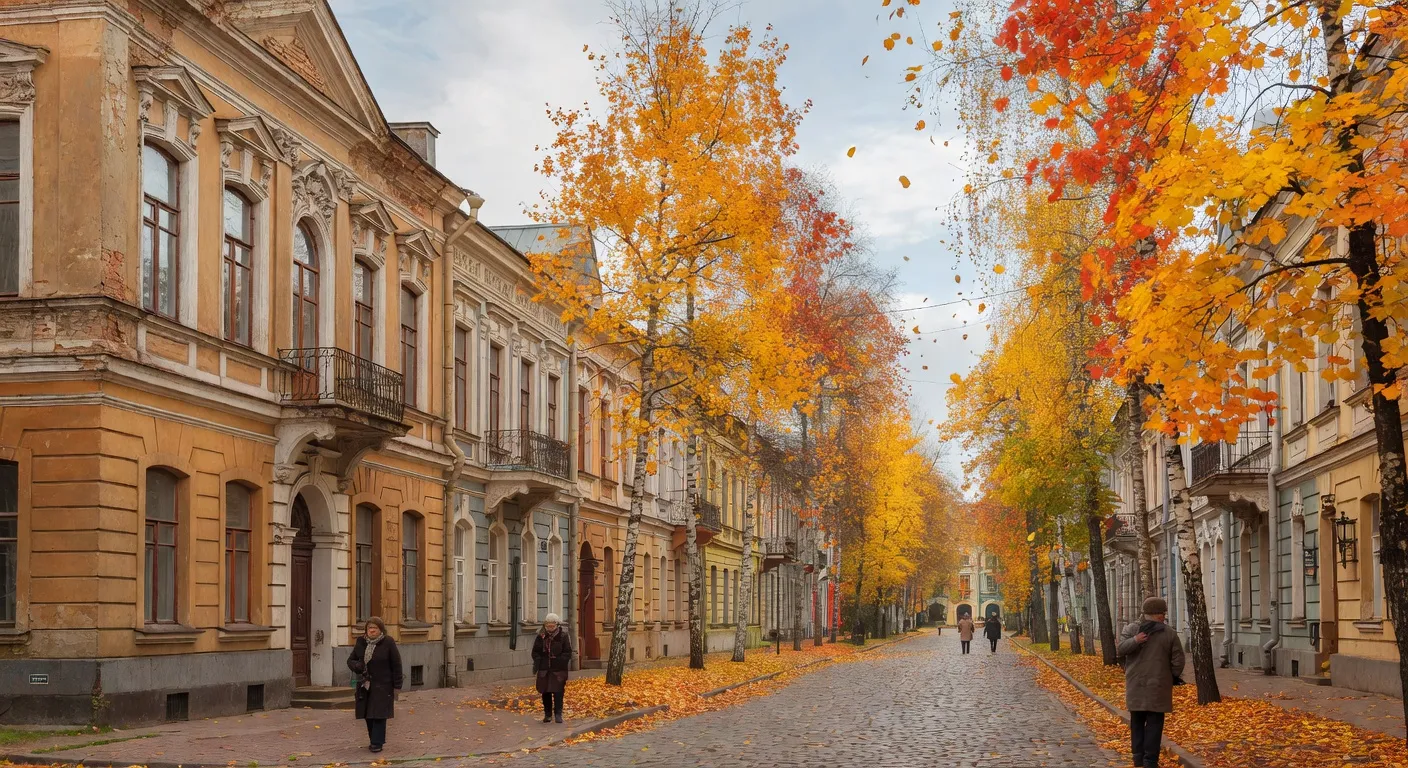 Boulevard boise d'une ville russe provinciale en automne — Les filles russes de Siberie : beaute, caractere et traditio