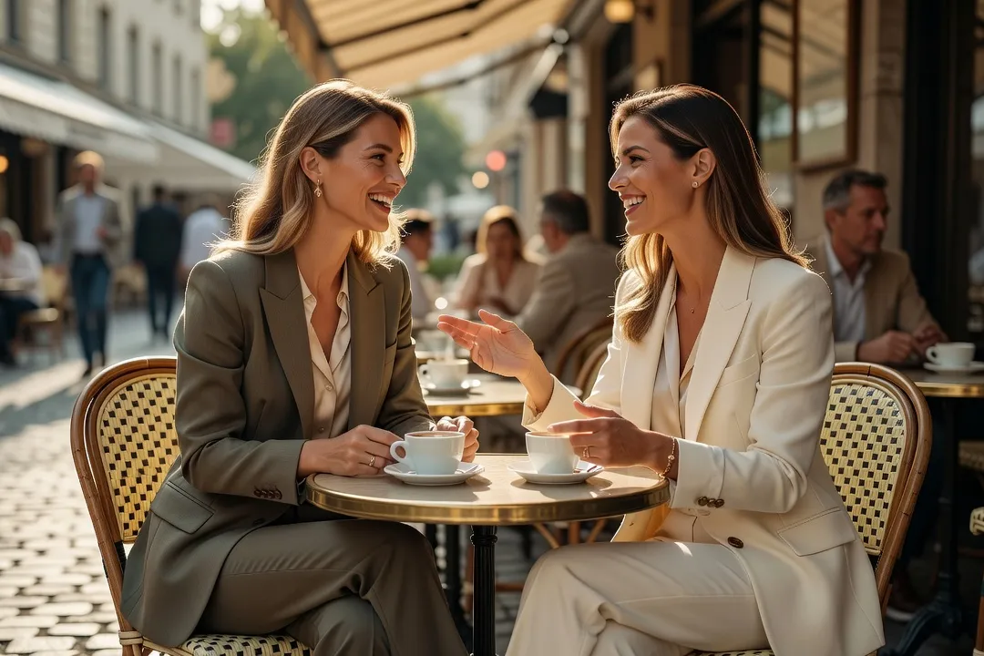 Deux femmes élégantes discutant à la terrasse d'un café européen